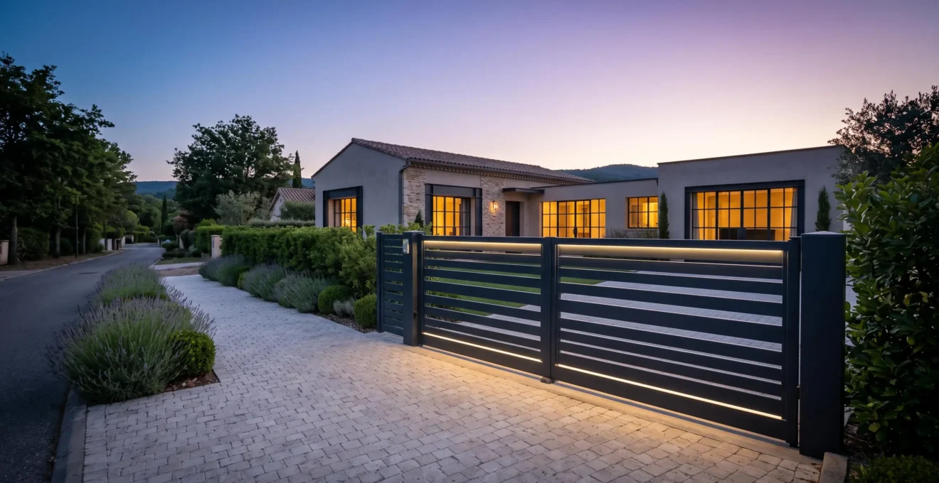 Entrée de propriété française avec portail aluminium anthracite éclairé au crépuscule, allée en pavés paysagée et façade de maison contemporaine en arrière-plan