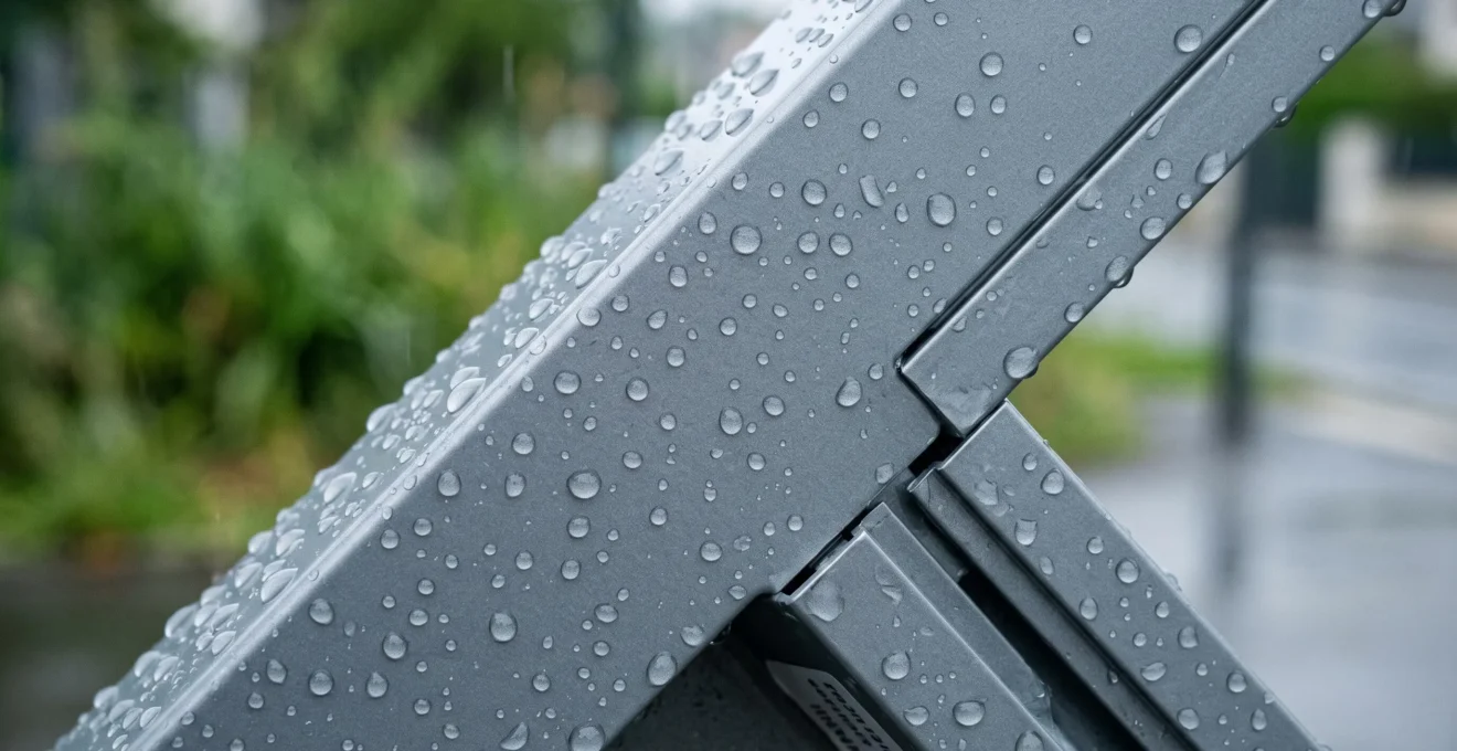 Gros plan sur des profilés de portail en aluminium après la pluie, avec gouttes d'eau perlant sur la surface thermolaquée grise intacte sans corrosion