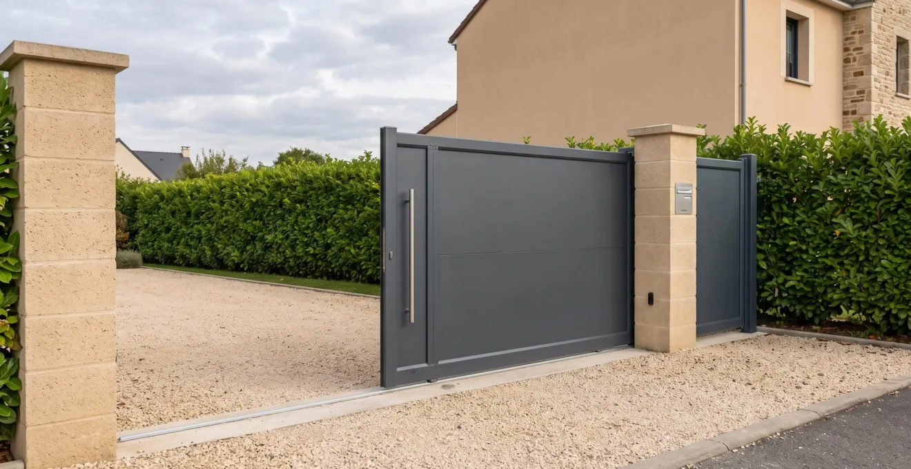 Portail coulissant en aluminium gris anthracite installé à l'entrée d'une maison individuelle française, avec piliers maçonnés en pierre beige et allée gravillonnée
