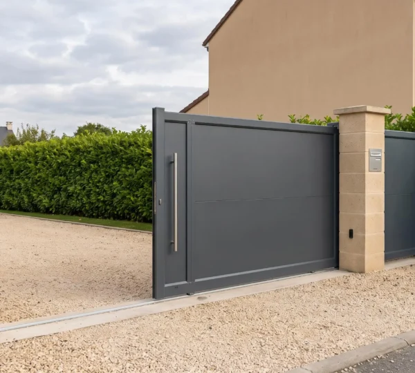 Portail coulissant en aluminium gris anthracite installé à l'entrée d'une maison individuelle française, avec piliers maçonnés en pierre beige et allée gravillonnée